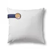 A white pillow with a blue ribbon and a circular tag attached.