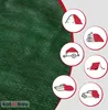 The image shows a green fabric tarp with several circular icons illustrating various uses of the tarp, such as covering a pile of dirt, logs, a trailer, a tent, a boat, and a car. The background is light gray, and the tarp itself takes up the left side of  Produktbild-Vorschau