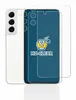A white smartphone with a screen protector laid over it, showing a blue background with marketing graphics. Produktbild-Vorschau