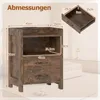 A diagram showing the dimensions of a wooden nightstand with drawers and an open shelf, with a separate inset showing a drawer's dimensions. Produktbild-Vorschau