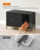 A split image showing a cat entering a black cabinet designed to hide a litter box, with a comparison below showing a cat in a litter box with scattered litter. Produktbild-Vorschau