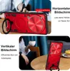 A collage showing a red phone case in horizontal and vertical orientations, with text overlays describing its features. Produktbild-Vorschau