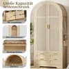 A collage of images showcasing a wardrobe with its features, including drawers, doors, and hanging space. Podgląd zdjęcia produktu