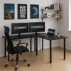 A modern black L-shaped desk setup with dual monitors, a laptop, and an ergonomic chair, decorated with motivational posters and shelves with books and a soccer ball. Produktbild-Vorschau
