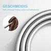Close-up of a silver shower hose with text overlay highlighting its features. Produktbild-Vorschau