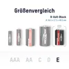 A size comparison chart of different battery types, including AAA, AA, C, D, and a 9-volt block battery. Anteprima dell’immagine prodotto