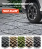A car tire is shown on a gravel surface stabilized by a black grid. Below are four smaller images showing the grid filled with different materials: patio stones, soil, grass, and sand. Produktbild-Vorschau