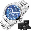 A Hugo Boss chronograph watch with a blue dial and silver metal band, presented with its original packaging. Voir les images du produit