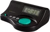 A black digital alarm clock with a green button and display. Produktbild-Vorschau