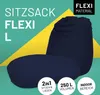 A navy blue beanbag chair is shown in two configurations, with text and icons highlighting its features. Anteprima dell’immagine prodotto