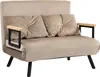 A studio shot of a beige sofa bed with two cushions and wooden armrests. Produktbild-Vorschau