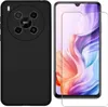 A black smartphone case and a screen protector are displayed next to a smartphone. Produktbild-Vorschau