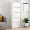 A white, multi-shelf cabinet standing in a room next to a sofa and a potted plant. Voir les images du produit