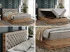 A collage of four images showcasing a boxspring bed with storage, highlighting its design and features. Produktbild-Vorschau