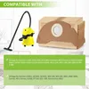 A yellow vacuum cleaner and a stack of vacuum cleaner bags are shown with compatibility information. Produktbild-Vorschau