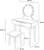 A line drawing of a vanity table and stool with dimensions indicated. Voir les images du produit