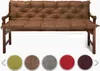 A brown tufted bench cushion on a wooden bench, with a row of color swatches below. Produktbild-Vorschau