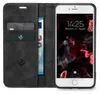 A black flip-style phone case is open, showing cards and cash inserted into the case, and a smartphone displaying the time and date. Produktbild-Vorschau