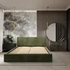 A bedroom setting with a bed, dresser, mirror, and decorative wall panels. Náhled obrázku produktu