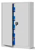 A gray metal filing cabinet with its doors open, revealing several blue binders on shelves. Produktbild-Vorschau