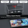 Close-up of a black charging case for wireless earbuds, with a digital display showing battery levels. A single earbud rests on a colorful phone case in the foreground. Náhľad obrázku produktu