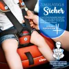A child is being secured in a car seat with a 5-point harness system. Text overlays highlight the safety features. Náhled obrázku produktu