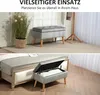 A collage showing a storage bench in two different settings: one in a hallway with a plant and coat rack, and another next to a bed with the storage compartment open. Náhled obrázku produktu