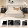 A bedroom scene featuring a bed with nightstands, and close-up detail shots of the nightstand's features. Podgląd zdjęcia produktu