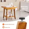 A wooden shower bench with various toiletries and towels on it, set in a bathroom environment. The image also includes close-ups of product features and text highlighting benefits. Podgląd zdjęcia produktu