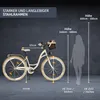 A cream-colored women's bicycle with a brown basket is shown next to a silhouette of a person, with size measurements indicated. Produktbild-Vorschau