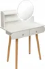 A white vanity table with a round mirror and wooden legs, shown against a white background. Produktbild-Vorschau