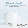 A white piggy bank sits on a white surface with coins scattered around it, with text about efficiency and affordability above. Náhled obrázku produktu
