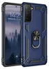 A blue rugged phone case with a ring holder is shown next to a smartphone displaying a lock screen. Produktbild-Vorschau