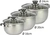 Three stainless steel pots of varying sizes are arranged diagonally on a white background, with their diameters indicated by text labels. Produktbild-Vorschau