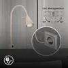 A close-up of a beige LED wall lamp with a flexible neck, plugged into a wall socket. Includes diagrams showing mounting options and a power cord length indicator. Náhled obrázku produktu