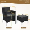 A diagram showing the dimensions of a black rattan chair and a matching table. Produktbild-Vorschau