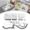 A collage of images showing a white double kitchen sink, its components, and a lifestyle shot of a similar sink with food and dishes. Podgląd zdjęcia produktu