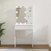 A white vanity table with a lighted mirror, shelves, and a drawer, set against a white wall. Voir les images du produit