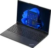 A black Lenovo ThinkPad laptop is shown from a diagonal angle, open with the screen displaying the Windows 11 operating system. Produktbild-Vorschau