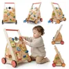 A collage of images showing a wooden baby walker with various interactive features, including a baby playing with it. Produktbild-Vorschau