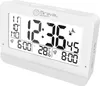 A white digital alarm clock with a large display showing the time, date, temperature, and alarm settings. Produktbild-Vorschau