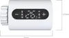 A white smart thermostat with a digital display and a dial on the left, shown against a white background. Dimensions are indicated. Náhľad obrázku produktu