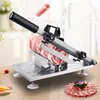 A manual meat slicer is shown on a table, with a large piece of meat being sliced and a plate of thinly sliced meat in the foreground. Produktbild-Vorschau