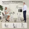 A woman sits at a height-adjustable desk while a man stands next to another similar desk. Below are diagrams illustrating different ways to use the desk. Podgląd zdjęcia produktu