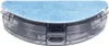 A close-up view of a robot vacuum cleaner's water tank and dust bin attachment with a blue microfiber cloth on top, isolated on a white background. Produktbild-Vorschau