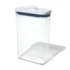 A clear plastic food storage container with a white lid and a blue seal. Produktbild-Vorschau