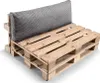 A sofa cushion on a wooden pallet base, presented on a white background. Produktbild-Vorschau