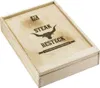 A wooden box with text and a bull logo on the lid. Produktbild-Vorschau