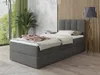 A bedroom scene with a bed, plant, and lamp.
