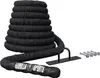 A black battle rope with a handle and attached wall mount, along with screws, on a white background. Produktbild-Vorschau
